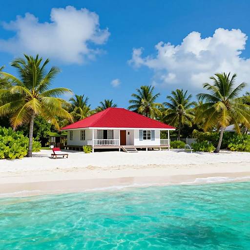 Photograph of a tropical beach house with a red roof, white walls, surrounded by palm trees, and clear turquoise waters.