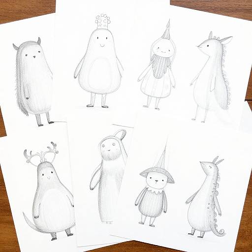 Black-and-white sketch drawing of six whimsical, long-haired, horned creatures with simple lines and minimal details on white paper.