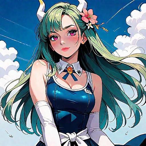 Anime Girl with Green Hair and White Horns