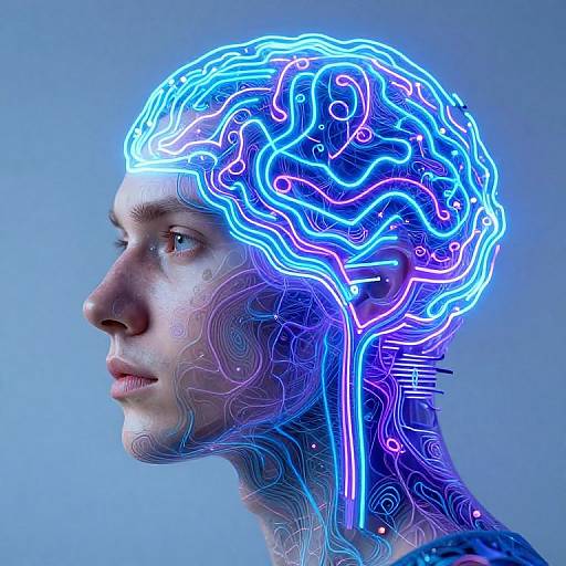 Photorealistic digital art of a side-profile human head with glowing, intricate blue and purple neural patterns on a blue background.