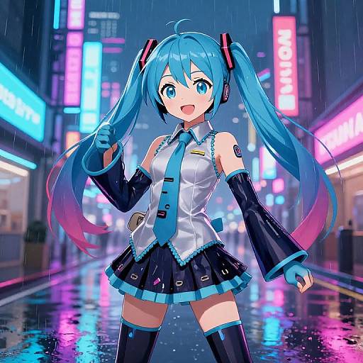 Digital anime artwork of Hatsune Miku, with vibrant blue twin-tails, neon-lit rainy city backdrop, wearing futuristic outfit with black and blue