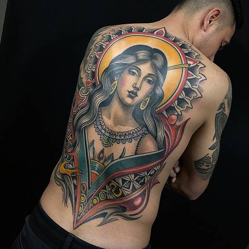 Tattooed man with intricate back tattoo of a haloed, black-haired woman in traditional style, colorful design, and geometric patterns. Photographed