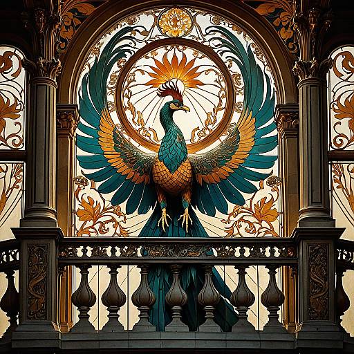 Mucha-Style Graceful Phoenix on Balcony