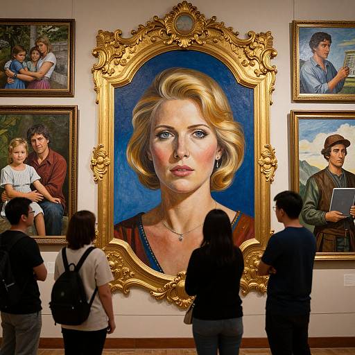 Photograph of art gallery: five people view a large, detailed portrait of a blonde woman with blue eyes in an ornate gold frame, surrounded by