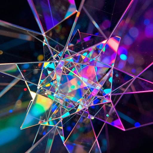 Abstract digital artwork of intersecting, colorful, prismatic triangles with vibrant neon hues, set against a dark, bokeh background.