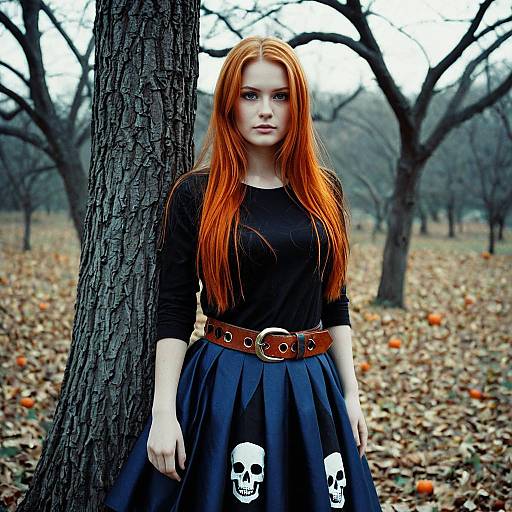Redhead Woman in Skull Skirt Outdoors