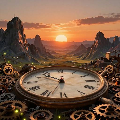Digital artwork of a large clock with Roman numerals, surrounded by gears, set against a sunset over mountainous landscape.