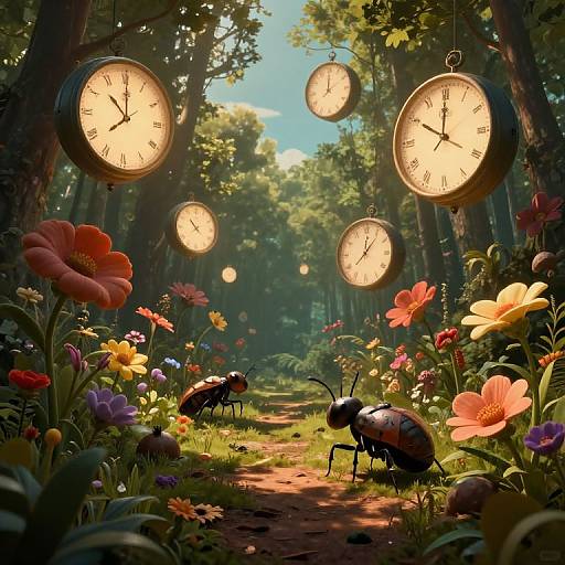 Whimsical forest scene: large clock faces hang overhead, colorful flowers line a dirt path, and two beetles walk beneath dappled sunlight.