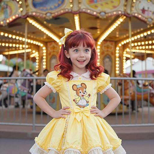 Photograph of a young girl with red hair, blue eyes, and a yellow dress with a cartoon mouse, smiling brightly in front of a brightly lit