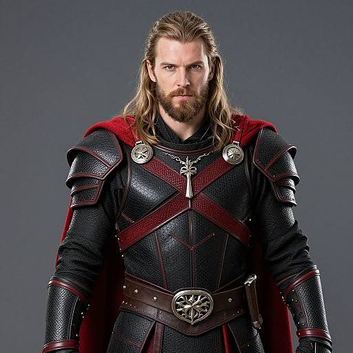 Photograph of a muscular, bearded man with long blonde hair, wearing black leather armor with red accents and a red cape, against a gray background