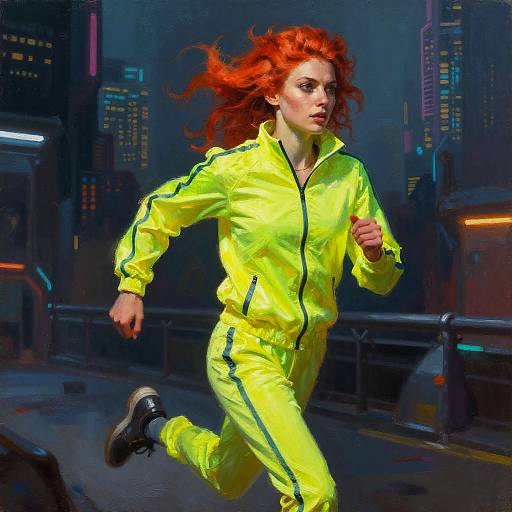 Digital art of a red-haired woman in a neon yellow tracksuit running through a dark, neon-lit city street at night.