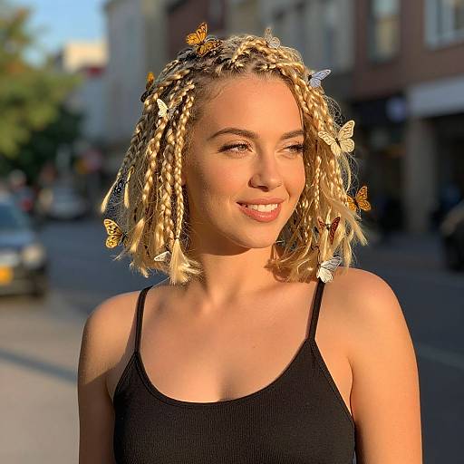 Photograph of a smiling young woman with blonde braids adorned with butterflies, wearing a black tank top, standing on a sunlit urban street.