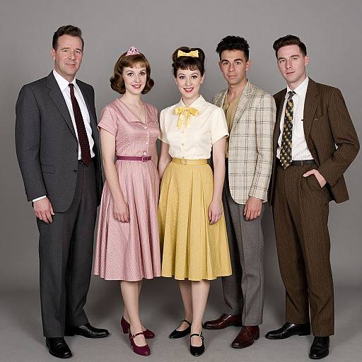 Photograph of five people in 1950s-style attire: four men in suits, one woman in pink dress and yellow skirt, standing against gray