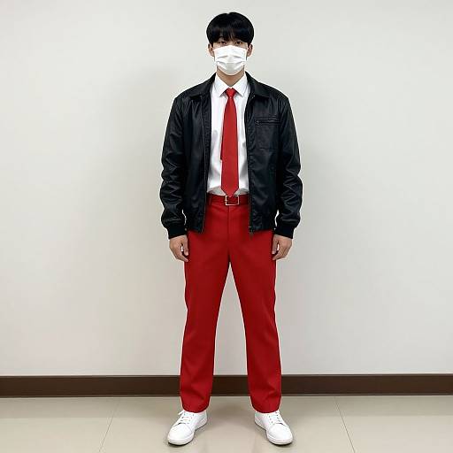 Photograph of a man in a black jacket, red tie, red pants, white shoes, and white mask, standing against a plain white wall.