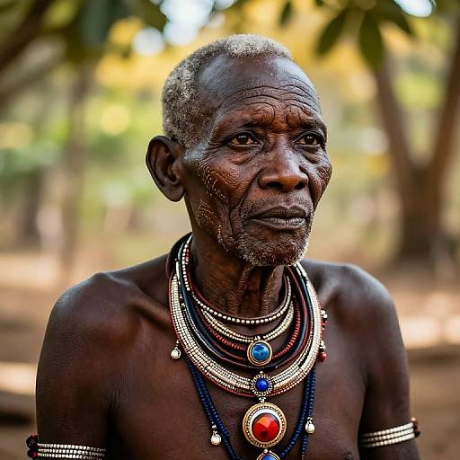 Photograph of elderly, dark-skinned African man with short gray hair, wearing multiple intricate bead necklaces with red and blue gemstones, standing outdoors