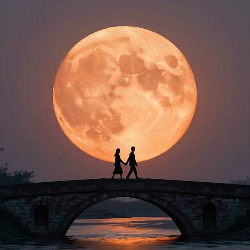 Photograph of two silhouetted figures holding hands, walking on a stone bridge, with a massive, glowing orange full moon in the purple twilight