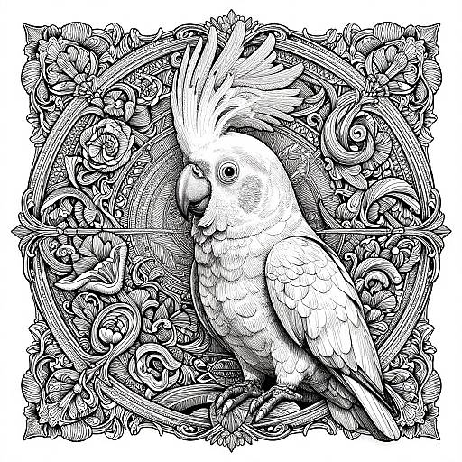Intricate black and white drawing of a cockatoo with a crest, surrounded by elaborate, swirling floral patterns and detailed textures.