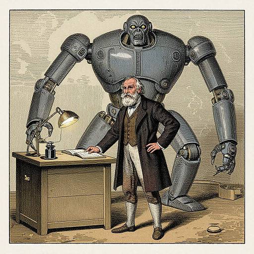 Illustration of an elderly bearded man in a long coat standing confidently in front of a giant, gray, humanoid robot in a dimly lit office