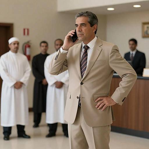 Focused Man in Beige Suit in Lobby