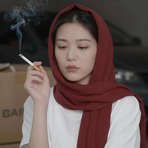 Asian Woman Smoking with Red Headscarf