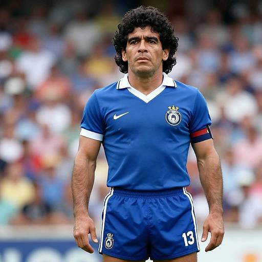 Photograph of a muscular male soccer player with curly dark hair, wearing a blue Chelsea jersey with white collar, blue shorts, and red armband