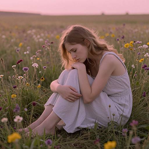 Photograph of a young woman with wavy brown hair, wearing a white dress, sitting in a field of colorful wildflowers at sunset, lost in