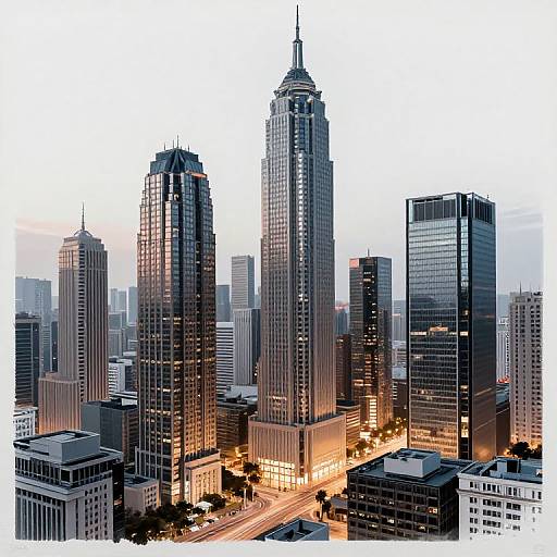 Digital photograph of a cityscape at dusk, featuring tall, illuminated skyscrapers with reflective glass windows, surrounded by smaller buildings and lit streets below.