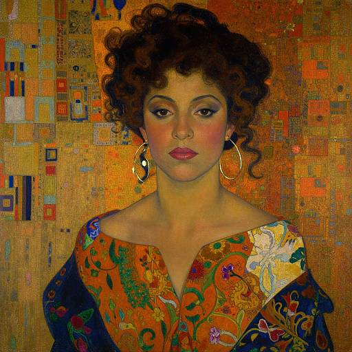 Digital painting of a curly-haired woman with pink lips, wearing a colorful, floral-patterned robe, gold hoop earrings, against a vibrant, mosaic-like