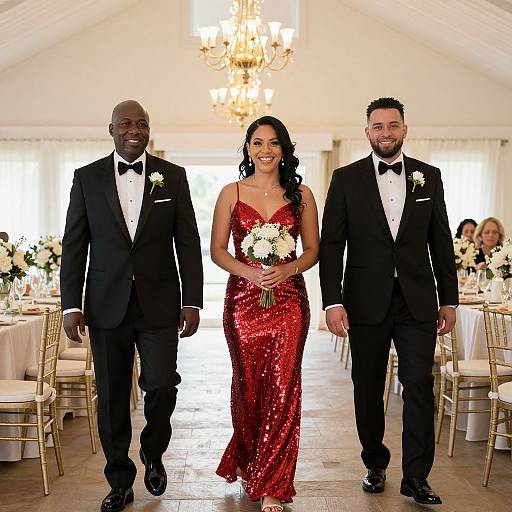 Photograph of a smiling bride in a sequined red gown, flanked by two men in black tuxedos, walking down a brightly lit