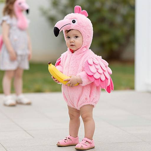 Photograph of a baby in a fluffy pink flamingo costume holding a banana, standing outdoors with blurred background and another child.