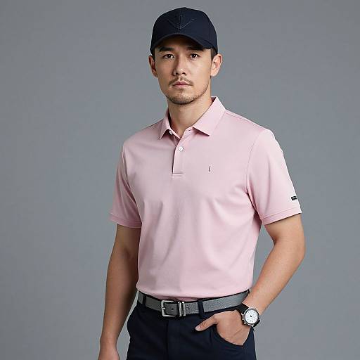 Photograph of a young Asian man with short dark hair, wearing a light pink polo shirt, black cap, black pants, and a watch, standing