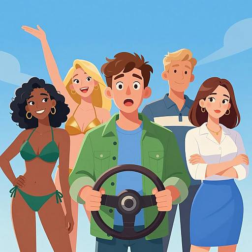 Dynamic Group Scene Under Bright Sky