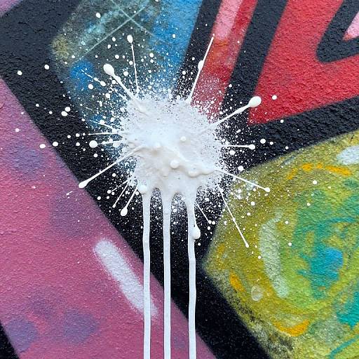 Photograph of a vibrant, abstract explosion of white paint splatter against a colorful, textured background with bold red, black, pink, and yellow hues