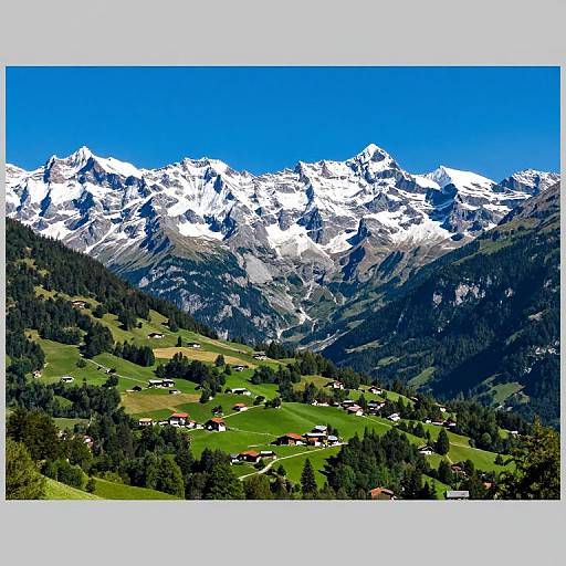 Photograph of a vibrant alpine landscape with snow-capped mountains, lush green valleys, scattered chalet-style houses, and a clear blue sky.