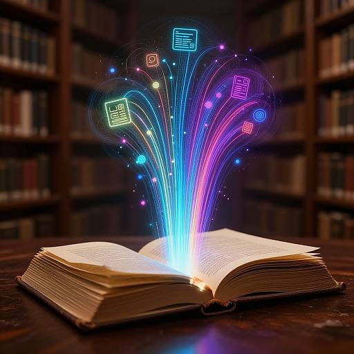 Photograph of an open book emitting colorful, glowing, magical swirls with neon symbols, set against a blurred library background.