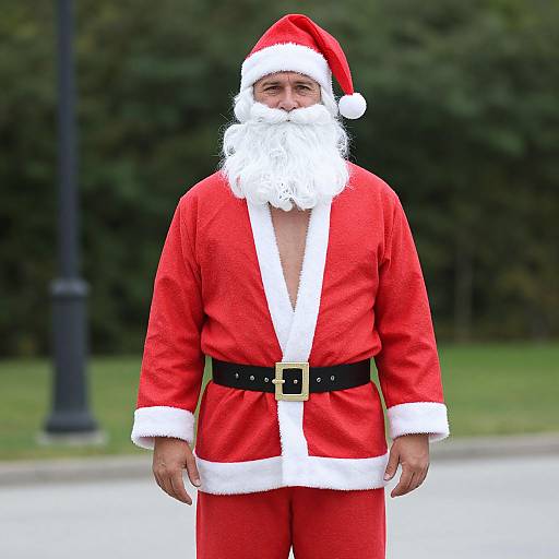 Photograph of a bearded man in a red Santa suit with white trim, black belt, and hat, standing outdoors against a blurred green background.