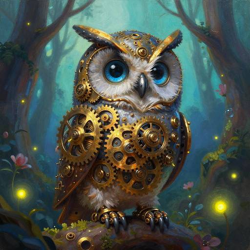 Digital painting of a steampunk owl with blue eyes, golden gears, and white feathers, standing in a mystical, glowing forest.
