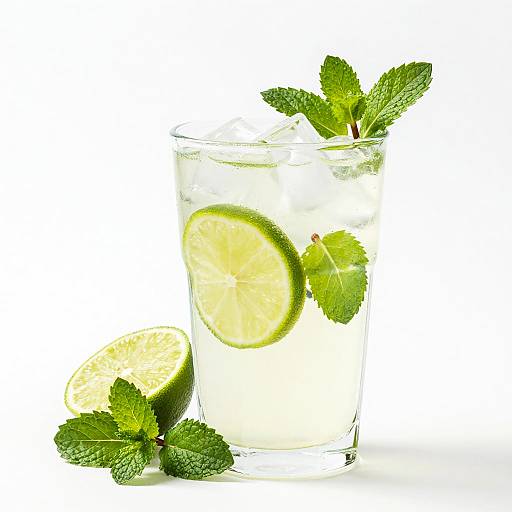 Photograph of a clear glass filled with water, lime slice, and mint leaves, with an additional lime and mint sprig on the white background.