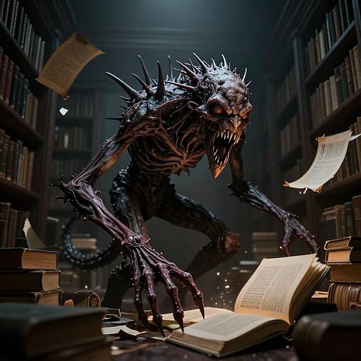 CGI horror image of a dark, spiky, monster with sharp claws and teeth, crouching over an open book in a dimly lit