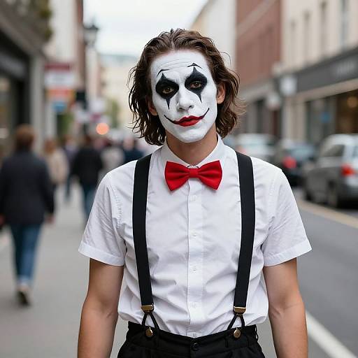 Photograph of a man with white-painted face, black eye makeup, red bowtie, white shirt, black suspenders, standing on a city