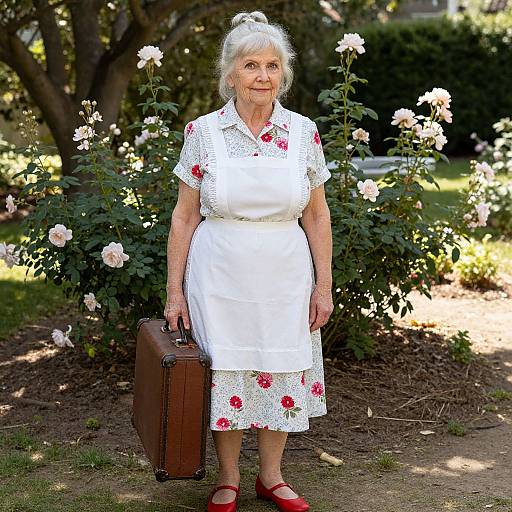 Photograph of an elderly white woman with short gray hair, wearing a white floral dress, red shoes, and holding a brown suitcase, standing in a