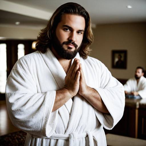 Plus Size Man in White Robe with Hands Together