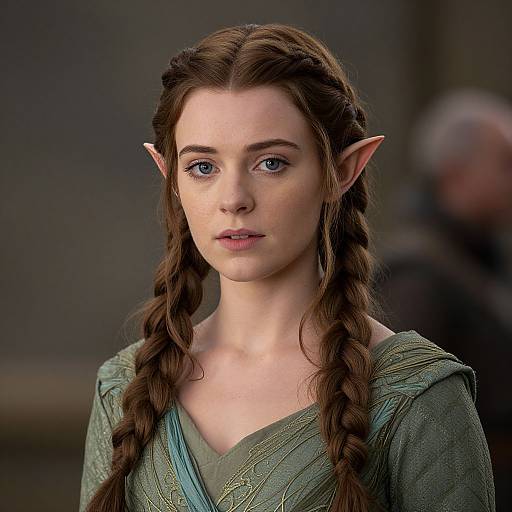 CGI image of a young, fair-skinned elf woman with long brown braided hair, pointed ears, and green dress, with a blurred background