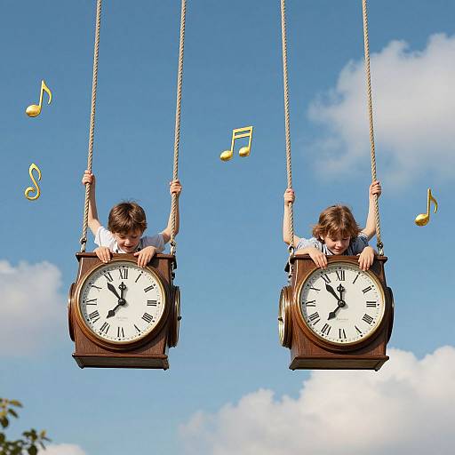 Photograph of two children with brown hair, wearing white shirts, swinging on wooden clock pendulums, against a blue sky with white clouds and floating