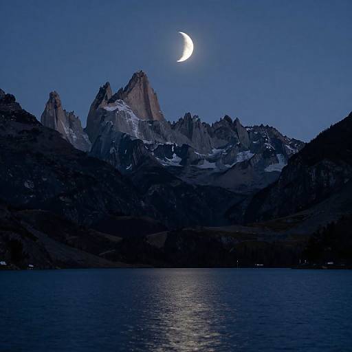 Photograph of a moonlit mountain range with a crescent moon shining over dark, jagged peaks reflected in a calm, blue lake.
