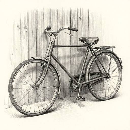 Monochrome sketch of a classic, vintage-style bicycle with a black frame, leather saddle, and wire wheels, leaning against a wooden wall.