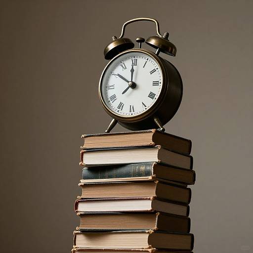 Vintage black alarm clock with white face and black numbers, standing on a stack of hardcover books against a gray background.