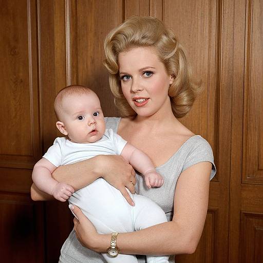 Photograph of a blonde woman with 1950s-style hair, wearing a gray dress, holding a bald, fair-skinned baby in a white