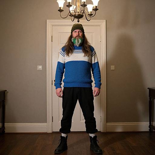 Photograph of a bearded man with long hair, wearing a green scarf, blue and white sweater, black pants, and boots, standing in a