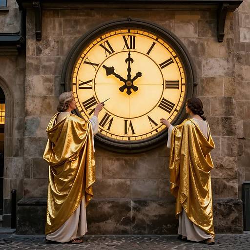 Photograph of two elderly people in gold robes, pointing at a large glowing clock with Roman numerals on a stone wall.
